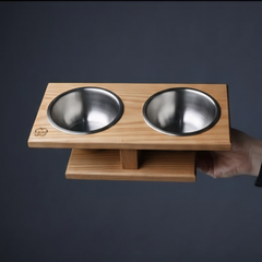 Tilted cat and small dog bowl stand with two slots for bowl