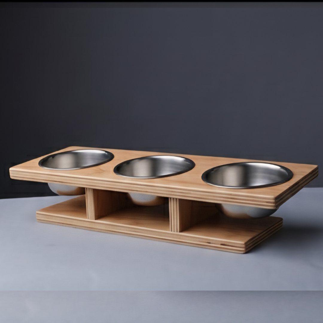 Tilted cat and small dog bowl stand with 3 slots for bowl
